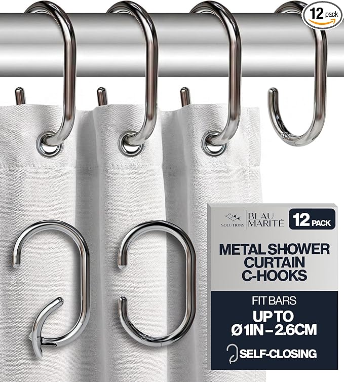 12 Metal Shower Curtain Hooks, Rust-Proof Decorative C-Shaped Curtain Hooks for Bathroom, Chrome Shower Curtain Rings, Fits Rods Up to 1 Inch (C, Silver)