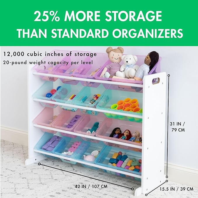 Humble Crew Toy Storage Organizer with 16 Removable Storage Bins for Kids Playroom, 4-Tier Toddler Toy Organization and Storage, White/Purple/Pink/Blue