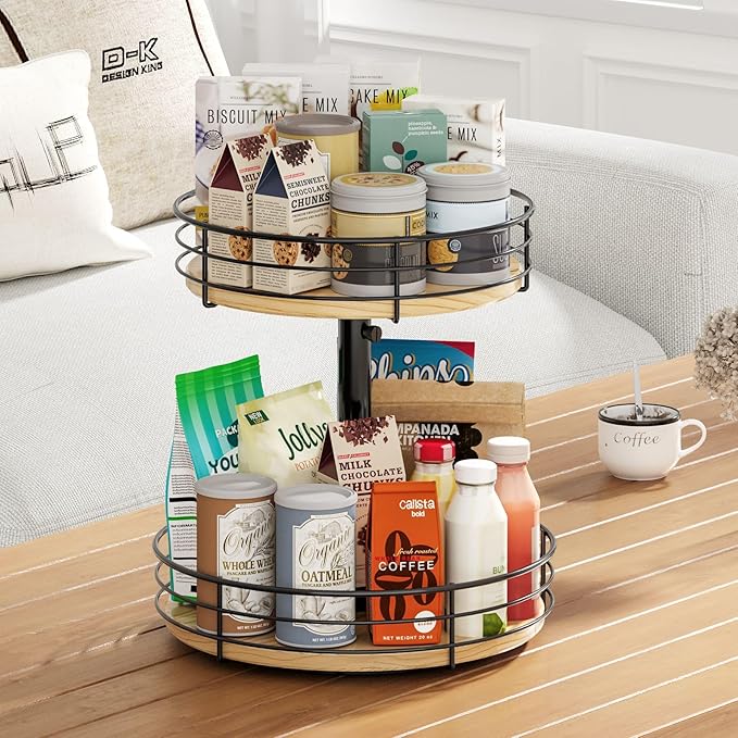 2 Tier Lazy Susan Spice Rack Organizer, Rotating Turntable, Black | Height Adjustable, Wood, 12 Inch, For Cabinet Dining Table Kitchen Bathroom Countertop