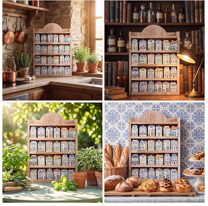 Chunful Vintage Spice Jar Wooden Rack Light Oak Farmhouse Spice Shelf for 24 Jars, Village Style Wall Mounting Kitchen Storage Decorative Hanging Display Rack, Shelf Only