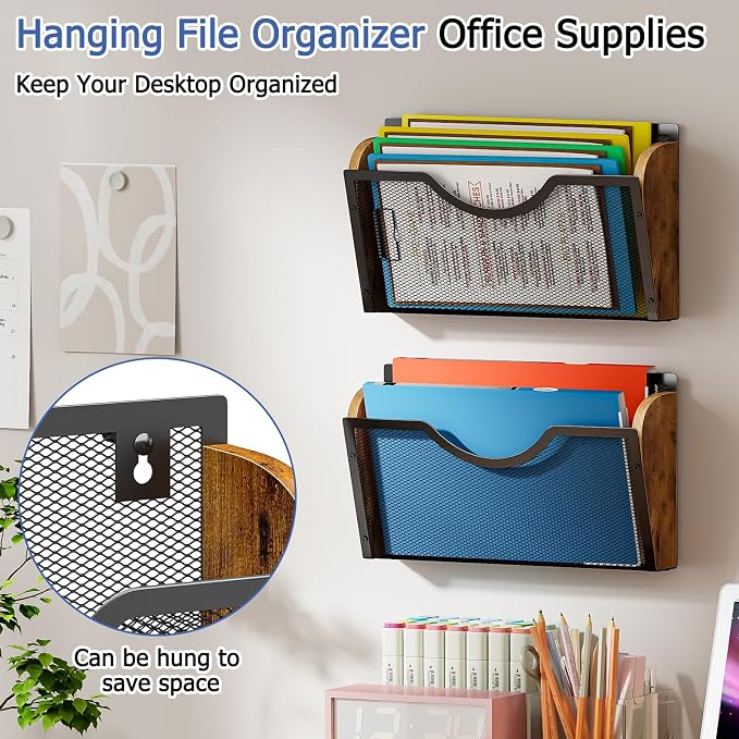 Sbanmao 3 Pack Wall File Organizer, Metal Mesh Hanging File Folder Holder for Letter/A4 Size Folders, Wall Mounted File Holder, Mail Organizer for Office Home Classroom Paper, Document Organization