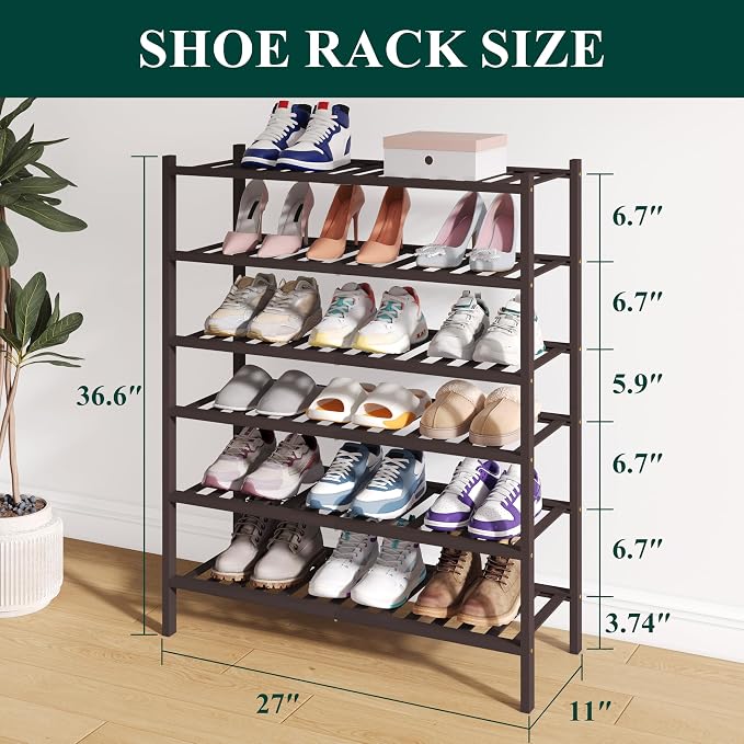 Smiry Bamboo Shoe Rack for Closet, 6 Tier Wooden Shoe Organizer, Stackable Wood Shoe Storage Shelf for Entryway, 14 Vertical Slats, 3+3 Stack Heavy-Duty Legs, 26.77"x11.02"x36.61", Brown