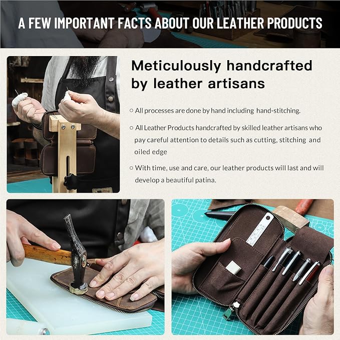 CONTACTS Full Grain Crazy Horse Leather Pencil Case Handmade Vintage Zipper Pen Holder Pouch with Card Slot Pens Organizer Pockets Stationery Bag for Men