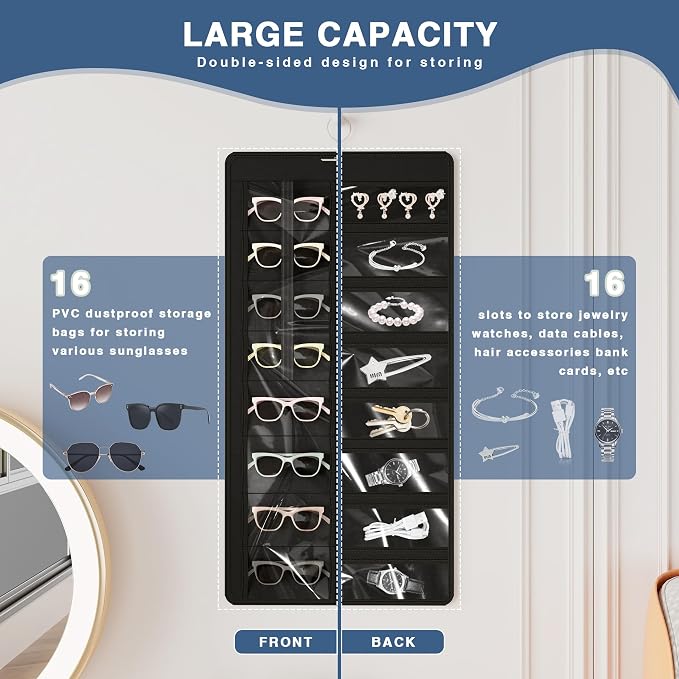 Hanging Sunglasses Organizer and Storage, 32 Slots Jewelry Holder, Black | Protect eyewear from dust with double-sided clear compartments; roof design hangs on wall, door or closet for home/RV travel.