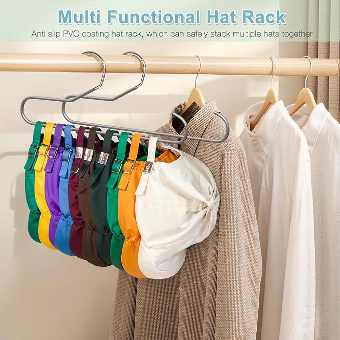 Hat Storage Organizer for Baseball Caps, Non Slip PVC Coating Hat Rack Hangers for Closet Hat Holder Max 10 Hats Closet Organizers and Storage for Cap Purse Belt Tie Bra Grey 2 Pack