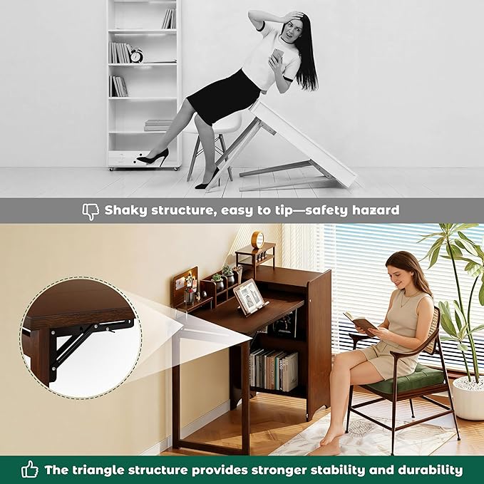 HDDFER Bamboo Folding Desk for Small Spaces,Hidden Desk with Storage Shelf, Foldable Computer Desk for Bedroom Home Office, Mid Century Modern Fold Out Table Writing Table, Walnut