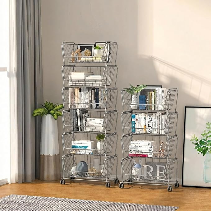 PUSDON Stackable Metal Storage Carts, Dual Use Shelf for Kitchen Fruit Vegetable Baskets with Wheels, Storage Rack for Living Room, Home & Office, Standard Silver Grey 4 Tiers