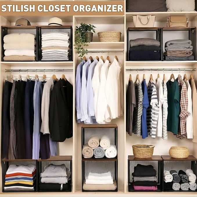 AceOrbit 3 Pcs Widened Stackable Closet Organizers and Storage with Wood Top Foldable Metal Cube Closet Shelf DIY Space Saving Linen Clothes Shoes Bed Sheet Bin for Wardrobe Bedroom(12"x12"x12", Dark)