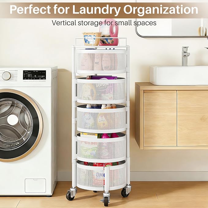 Rolling Drawer Storage Cart with 360° Rotating Open-Drawer Design, 5-Tier Metal Utility Cart with Round Storage Drawer for Kitchen, Bathroom, Laundry Room (White)