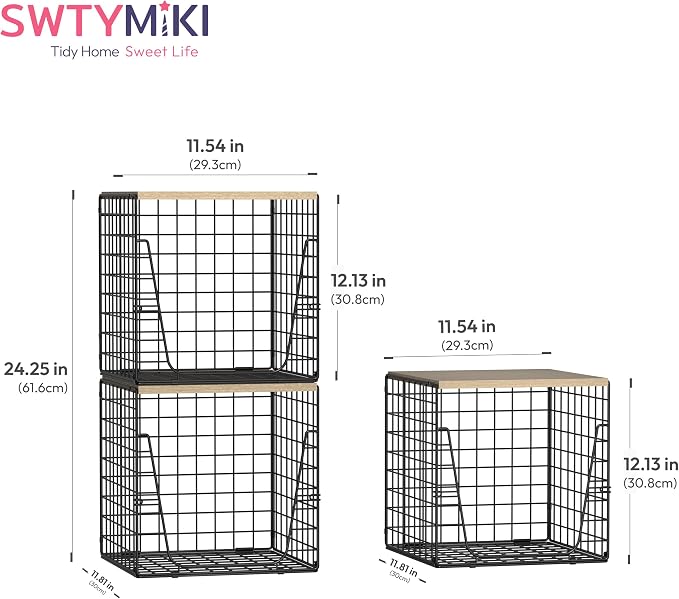 SWTYMIKI 3PCS Closet Organizers and Storage - Stackable Closet Basket with Wood Top Shelf, Clothes Storage Shelves, Clothes Drawer Bins for Wardrobe, Bedroom, Entryway, Black