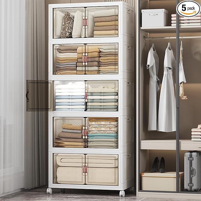 UAMFURI Stackable Storage Bins with Lids, 560QT Closet Organizers and Storage with Doors and Wheels, Extra Large Storage Cabinet, Collapsible Plastic Drawers for Bedroom Dorm Office Garage