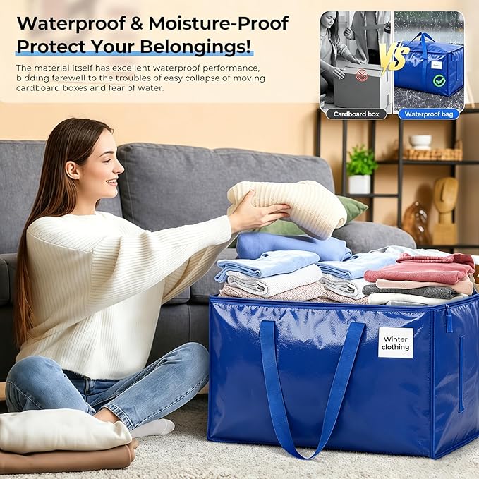 Extra Large Storage Bags, 23 Gallon Capacity, Pink Waterproof Moving Totes with Handles and Label Pocket, Heavy Duty Zipper (2 Pack Blue)
