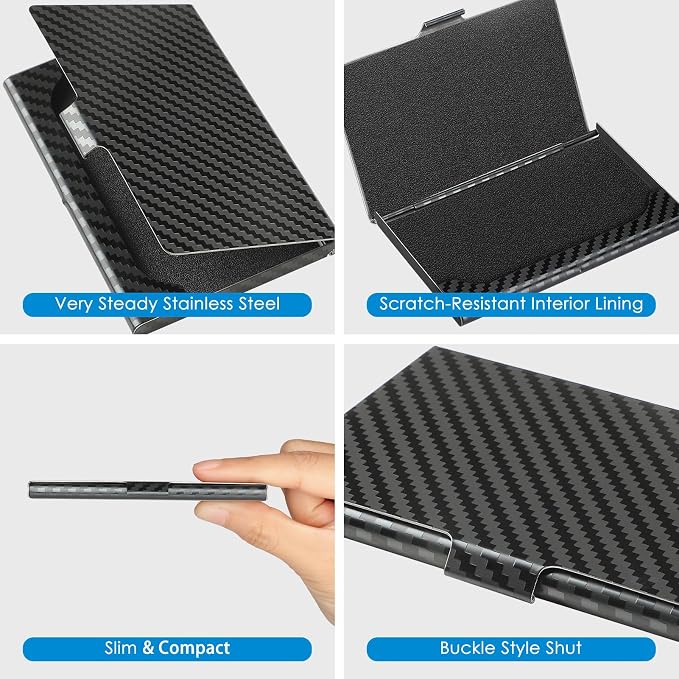 MaxGear Stainless Steel Business Card Holder, Slim Card Case, Black Carbon | Soft Interior Lining, Buckle Closure, Fits Standard Business Cards and Credit Cards