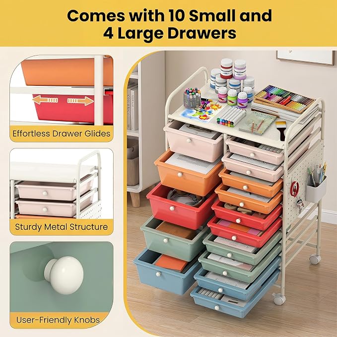 DREAMADE 15-Drawer Rolling Storage Cart, Craft Organizer Cart, Macaron | Mobile Utility Cart with Metal Pegboard Panels, Tabletop and Lockable Wheels for Classroom, Office, Studio and Playroom