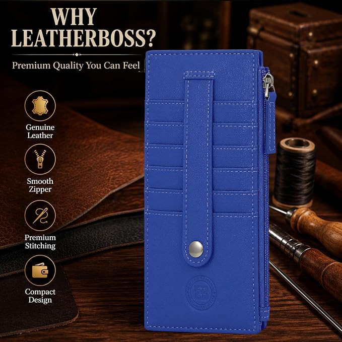 Leatherboss Genuine Leather Women's All in One Credit Business Card Case Holder Slim Zipper Wallet With a Card Protection Strap, Oxford Blue