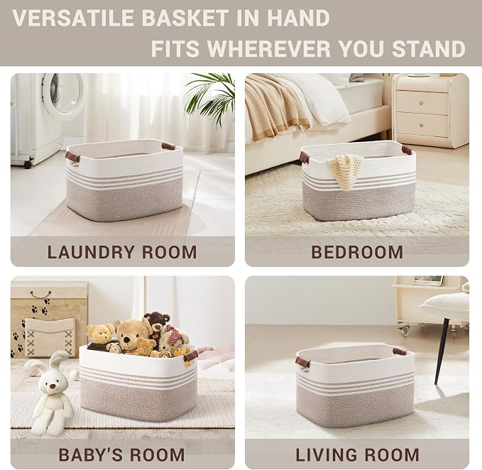 60L Woven Laundry Basket Hamper with Leather Handles,Brown | 21"x15"x11", collapsible wicker hamper, storage for dirty clothes, toys, blankets, gifts, living room, bedroom, bathroom