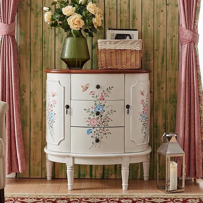 Solid Wood Storage Chest Dresser - Storage Cabinet with 3 Drawers 2 Side Doors,Retro Floral Pattern Drawers Jewelry Box Storage for Hallway/Living Room/Bedroom