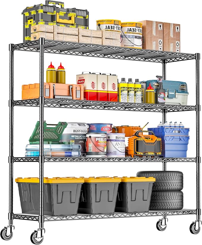48" W Storage Shelves 1500LBS Metal Shelving Unit with Wheels, Adjustable Garage Shelving Heavy Duty Wire Rack with Liners for Pantry Warehouse Commercial Office, 48" W x 18" D x 76.77" H