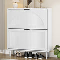 Shoe Storage Cabinet with 2 Flip Drawers, Narrow Wood Shoe Organizer Cabinet with Fluted Panel, Slim Shoe Rack for Entryway, Freestanding Shoe Cabinet for Living Room, Hallway, White