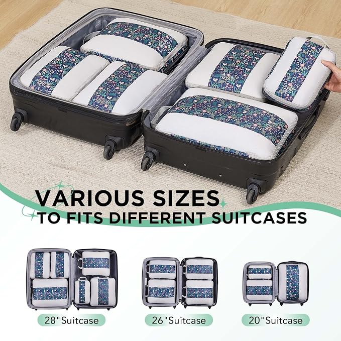OlarHike 6 Set Compression Packing Cubes for Travel Essentials,Compressible Expandable Space Saver Bags for Organizing Clothes,Luggage Garment Bags with Over 1000 pcs Mesh Holes(Dark Blue Floral)
