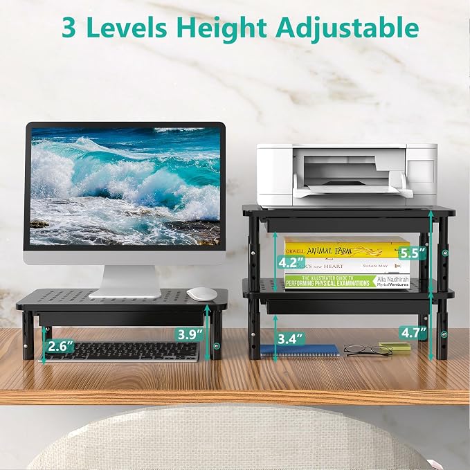 WALI Dual Monitor Stand with Storage, Desk Monitor Riser 3 Height Adjustable, Laptop Riser with Airflow Vents, Desk Organizer for Computer, Laptop, Printer, Notebook (STT003D-2B), 2 Pack, Black