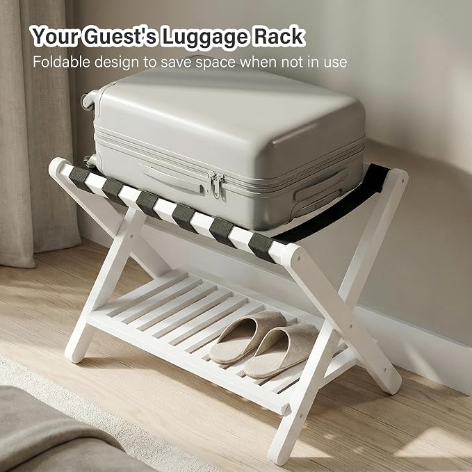 Heybly Luggage Rack for Guest Room,Set of 2, Bamboo Folding Luggage Stand & Suitcase Holder, 5 Heavy-Duty Straps,Holds up to 165 Lbs, Heavy Duty Luggage Rack for Bedroom Hotel, White, HLR013W2