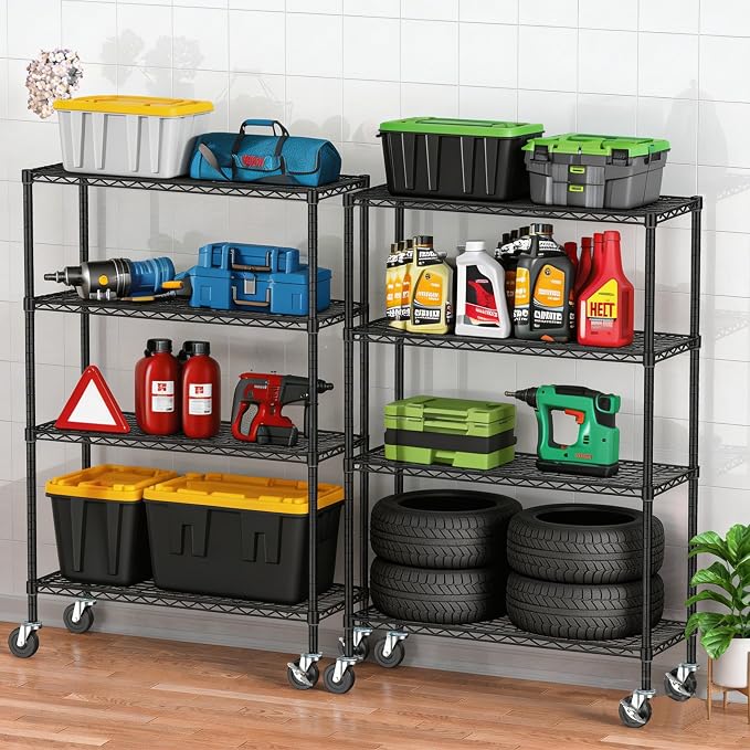 4 Tier Wire Metal Shelving Rack Garage Storage Rolling Shelves with Wheels | Heavy Duty Adjustable Industrial Shelving Steel Wire Organizer Rack for Kitchen Garage Pantry Office Bathroom