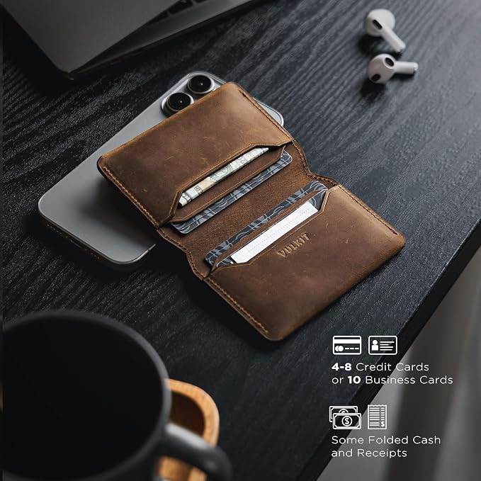 VULKIT Slim Minimalist Card Holder RFID Blocking Leather Credit Card Holder Front Pocket Wallet Magnetic Closure, Handcrafted Cowhide Version