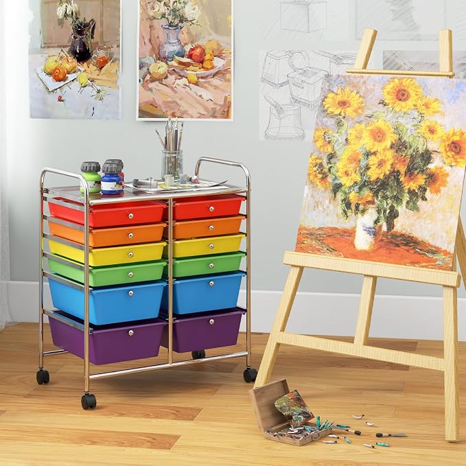 BECOMFORT 12-Drawer Rolling Cart with Drawers, Storage Cart on Wheels, Teacher Classroom Organizers with Metal Frame, Mobile Craft Cart, Trolley Utility Cart for School Office Play Room