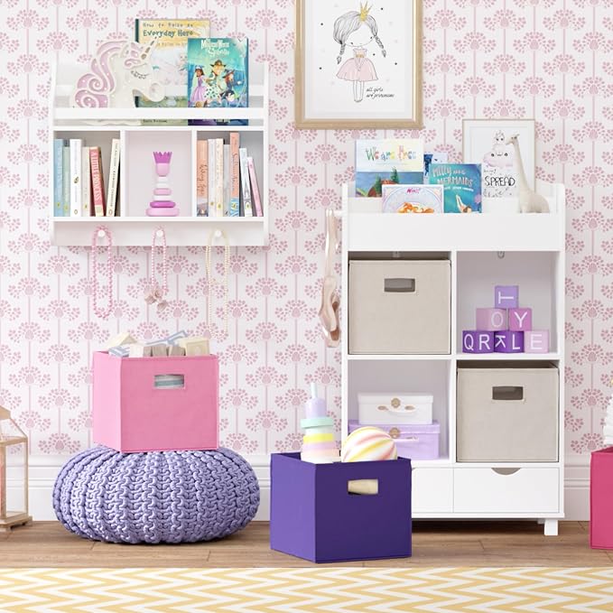 RiverRidge Folding Storage Bins - 2-pack of 10in Tall Dark Purple Cubes | Fabric Bins, Set of 2 Storage Cubes, Cut-out Handles, Playroom Closet Organizer, Collapsible Cubby with Bottom Board Insert