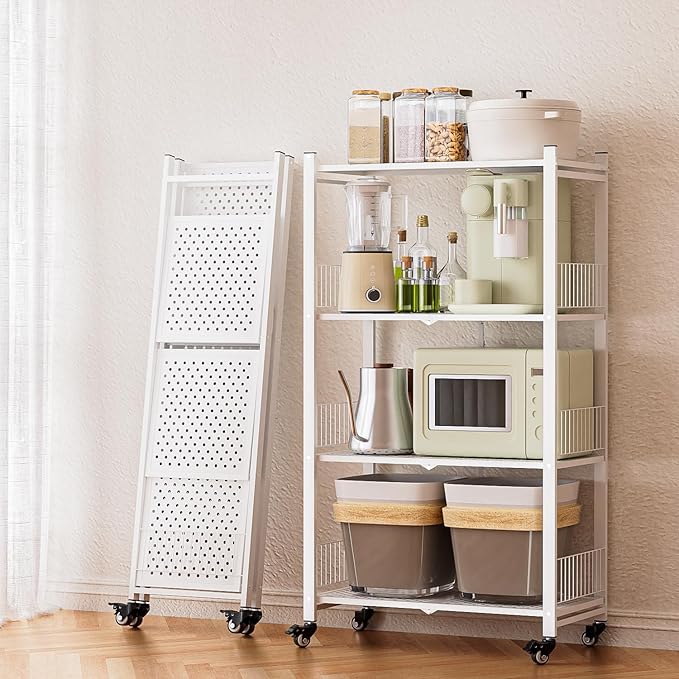 Folding Storage Shelves No Assembly, 4 Tier Foldable Storage Shelves with Wheels, Rolling Collapsible Rack for Pantry Laundry Room Kitchen, White
