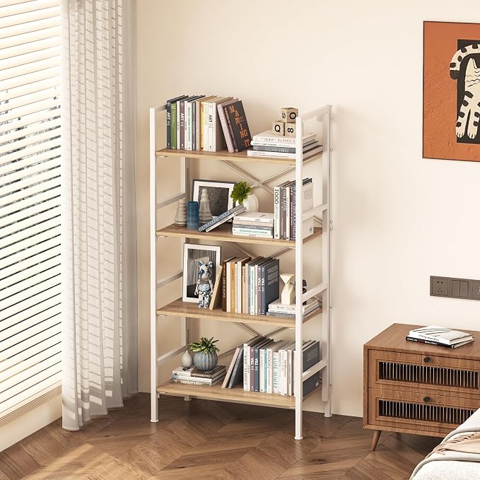4 Tier Folding Bookshelf, Foldable Book Shelf, Industrial Metal Tall Bookcase, Etagere Book Shelf Storage Organizer for Living Room, Bedroom, and Home Office (Light Coffee, 4 Tier)