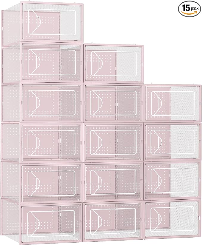 Foluck Shoe Storage Box, 15 Pack Clear Plastic Stackable Organizer for Closet, Interlocking Design Shoes Container Bins for Sneakers, Foldable Shoe Rack with Lids, Pink