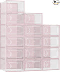 Foluck Shoe Storage Box, 15 Pack Clear Plastic Stackable Organizer for Closet, Interlocking Design Shoes Container Bins for Sneakers, Foldable Shoe Rack with Lids, Pink