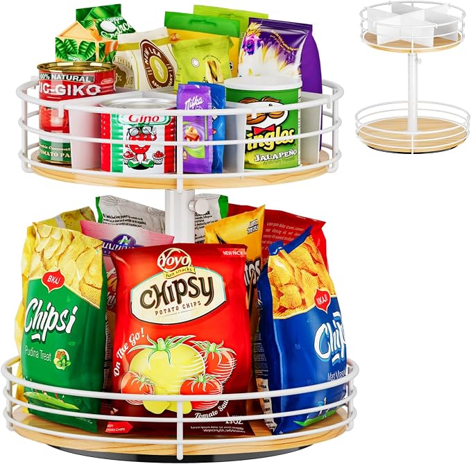 Snack Organizer 2 Tier Lazy Susan Storage Holder, White | Adjustable Height, 360° Rotation, For Countertop Office Home Breakroom