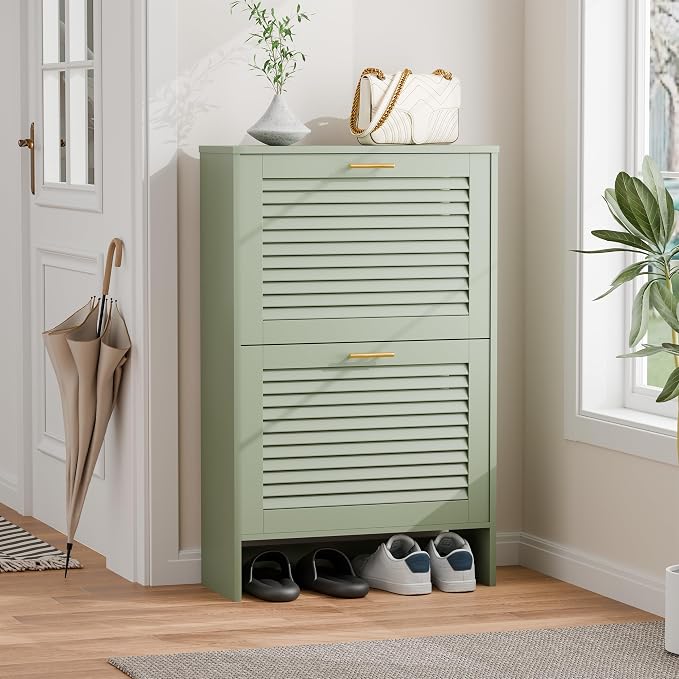 Narrow Shoe Cabinet Storage for Entryway, Sage Green | Freestanding Shoe Organizer with 2 Flip Drawers, Louvered Doors, Anti-tip Device, Modern Show Rack