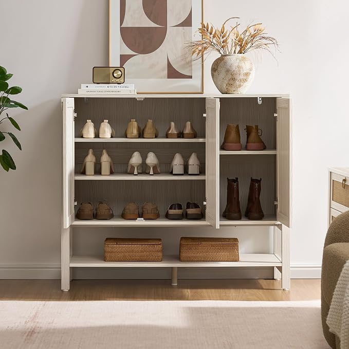 SICOTAS Rattan Shoe Cabinet with Storage, White Large Shoe Organizer | 30 Pairs Boho Shoe Rack Cabinet with 3 Doors & Adjustable Shelves for Entryway, Hallway, Living Room, Closet