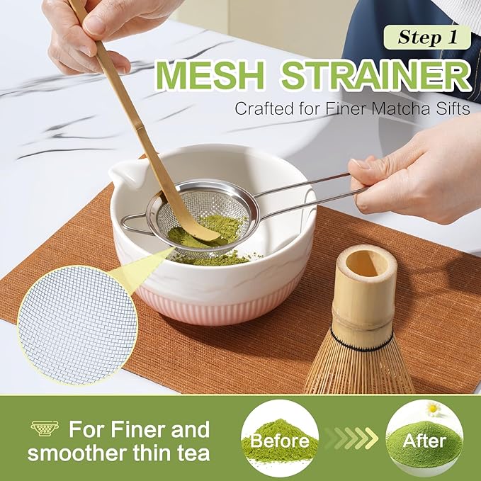Matcha Whisk Set, 7 Pcs Ceramic Matcha Set, Includes Matcha Bowl, Matcha Whisk, Chasen Holder, Bamboo Scoop, Scoop Rest, Stainless Sifter, Tea Towel, Matcha Kit for Matcha Tea Ceremony