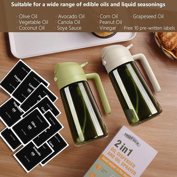 SWEET VIEW 2PCS Olive Oil Dispenser and Oil Sprayer | 16oz/470ml Glass Light-Proof Oil Pourer for Kitchen Air Fryer, Cooking, Salad, and BBQ, with Stickers