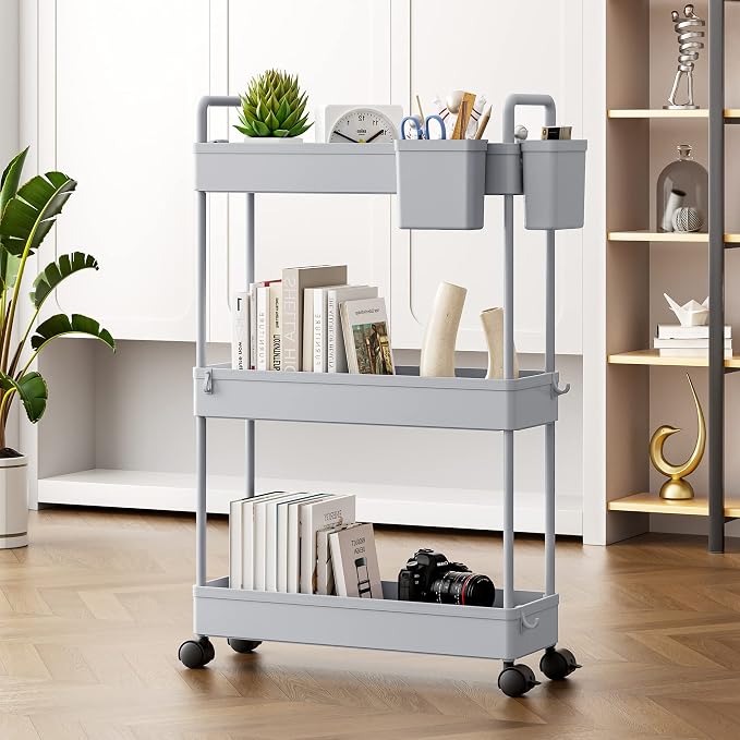 SOLEJAZZ Slim Rolling Storage Cart Skinny Bathroom Organizer, 3 Tier, Gray | Thin utility cart with wheels for bathroom, laundry room, bedside, kitchen, dorm, office, next to fridge, small narrow places