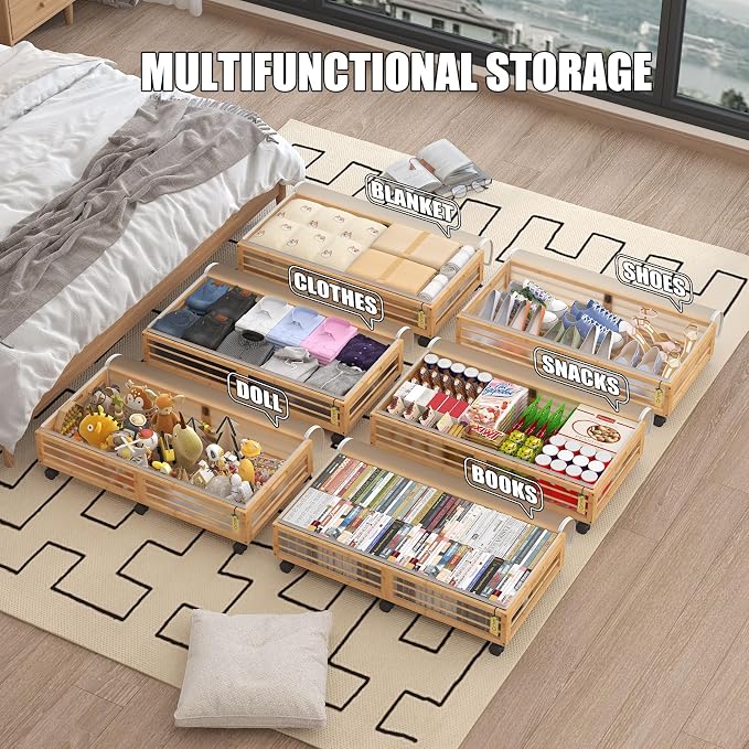 Underbed Storage with Wheels, 2 Pack Bamboo Containers for Shoes & Clothes | Dustproof bags protect contents. Stackable frames save space. 360° wheels provide smooth access to clothes, bedding and toys