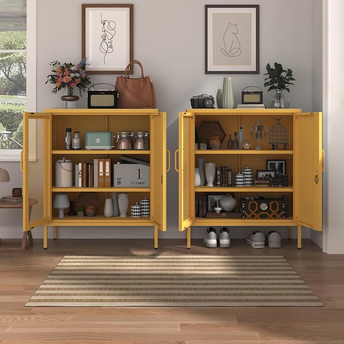 Yellow Lockable Metal Storage Cabinet, Multi-Functional Locker with Adjustable Shelf,Metal Double Door Sideboard for Kitchen Home Office Size：33" H X 29.5" W X 13.8" D