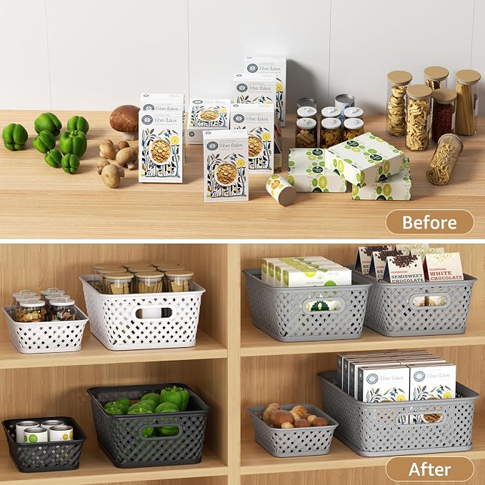 MaxGear 3 Pack Plastic Storage Baskets, Small, White | Durable Woven Plastic with Built-In Handles, Suitable for Shelves, Closets, Cabinets, Bathrooms and Offices