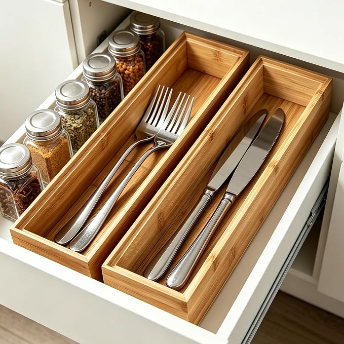 Kitchen Bamboo Drawer Organizer Set of 2, Small Narrow Stackable Drawer Organizer for Silverware, Utensils, Cutlery, Flatware, Junk Drawer, Dresser, Bathroom, 12" x 3" x 2"