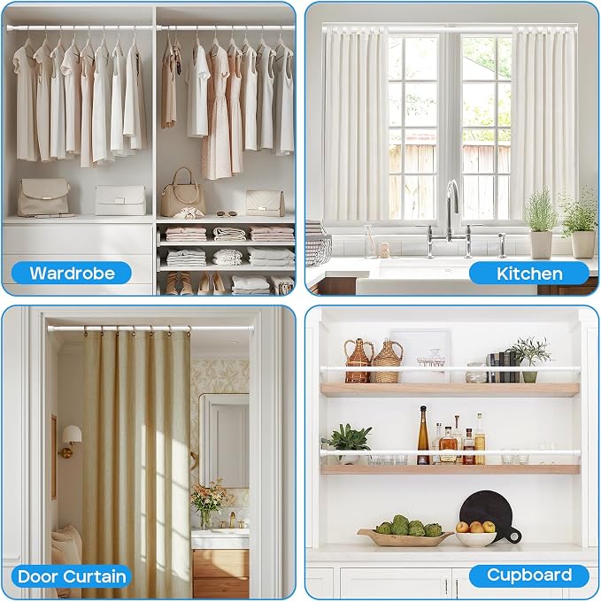 6 Pack Tension Rods for Windows 28 to 48 inch, Adjustable Curtain Rods No Drilling Spring Rods Extendable Pressure DIY Tension Rod for Window Closet Kitchen, White