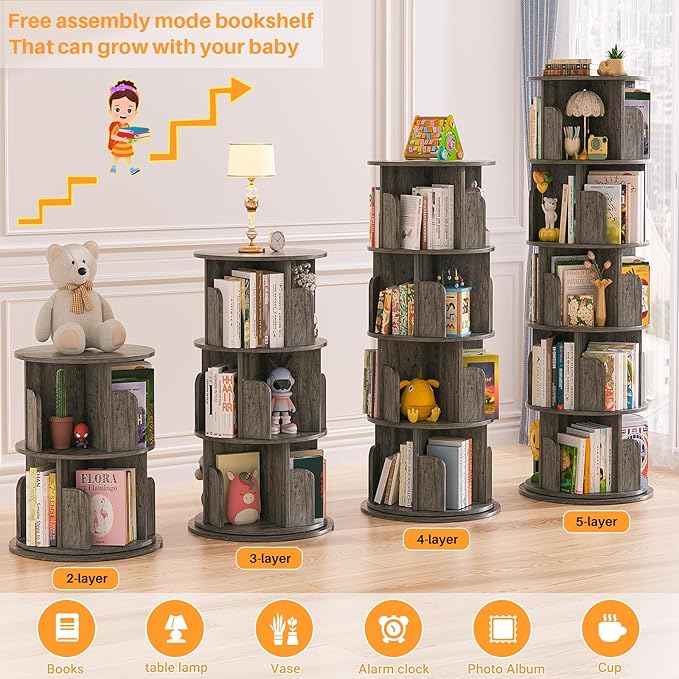 Aheaplus 5 Tier Rotating Bookshelf, Wood Spinning Bookshelf Tower, Round Revolving 360 Bookcase, Narrow Turning Book Shelf Rolling Corner Organizer for Small Space, Bedroom, Office, Black Oak