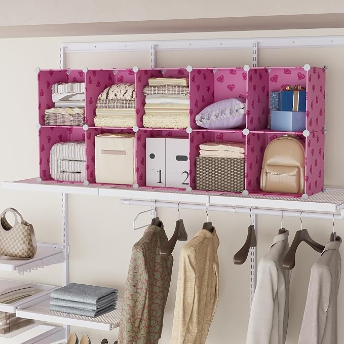 UNKU Cube Storage Organizer, 6 Cube Closet Organizer Storage Shelves, DIY Stackable Bookcase, Clothes Organizer Shelf for Closet, Bedroom, Living Room, Cabinet, Home, Office, Pink