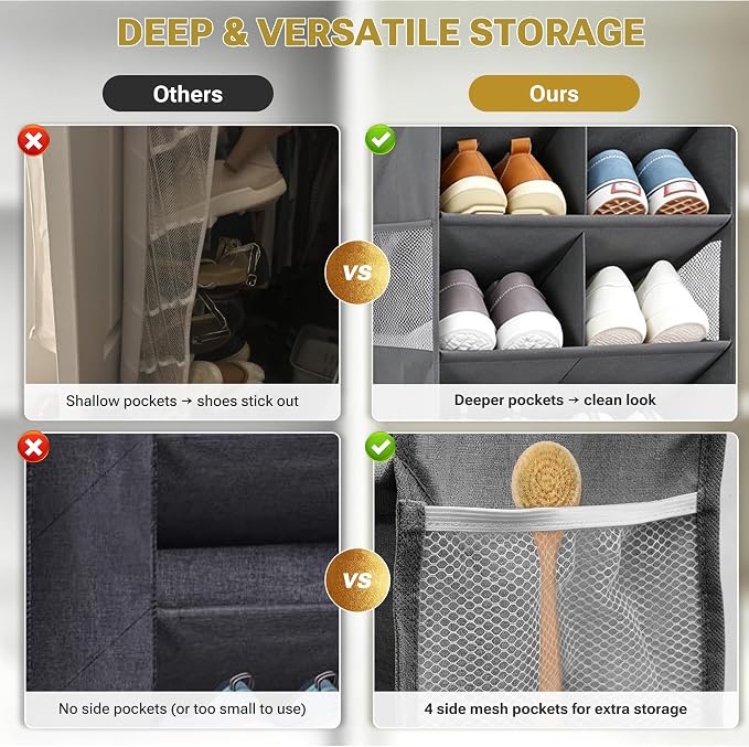 HOMELUX THEORY Hanging Shoe Organizer for Closet, 6 Tier Over the Door Shoe Organizer 120D Extra Thick with Deep Pockets, Shoe Rack for Closet & Entryway, with 4 Side Storage Pockets (Transparent)