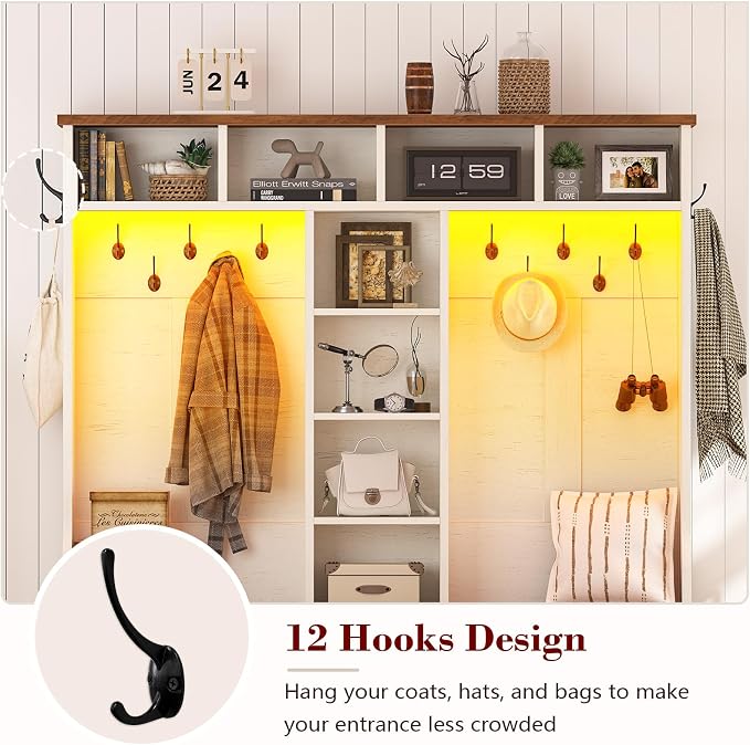 CSZZD Hall Tree with Bench and Shoe Storage, Farmhouse Entryway Bench with Coat Racks and Led Lights, Large Hall Tree with 12 Coat Hooks, 8 Storage Cubbies, Adjustable Shelf