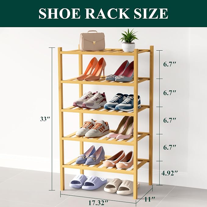 Smiry Bamboo Shoe Rack for Closet, 5 Tier Small Wooden Shoe Organizer, Stackable Wood Shoe Storage Shelf for Entryway, 14 Vertical Slats, 2+3 Stack Heavy-Duty Legs, 17.32"x11.02"x31.3", Natural